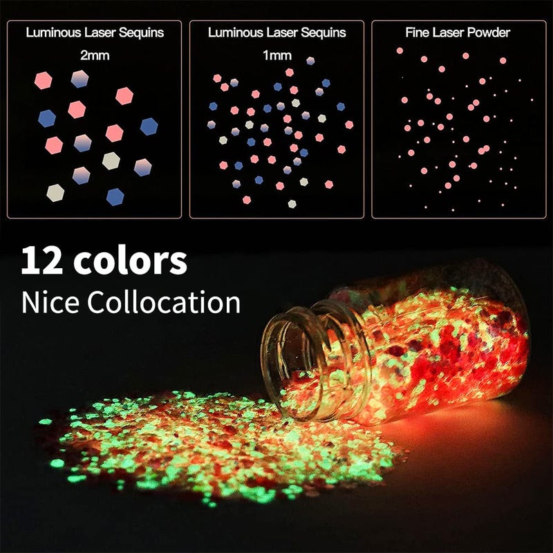 OSBANG Glow in The Dark Glitter 15 Jar - 12 Colors Glow Glitter and 3 Colors Gold Foil Flakes  High Luminous Glitter for Resin Crafts  Cosmetic  Nail  Glowing Dye for DIY - Image 3